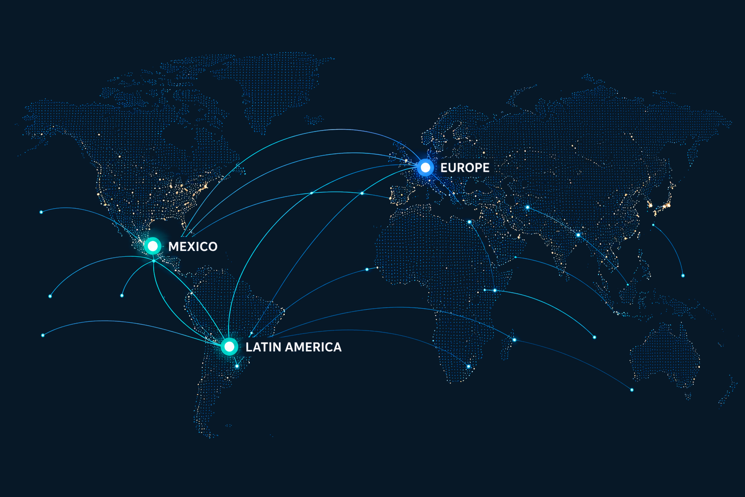 Map showing connections between Europe, Mexico and Latin America